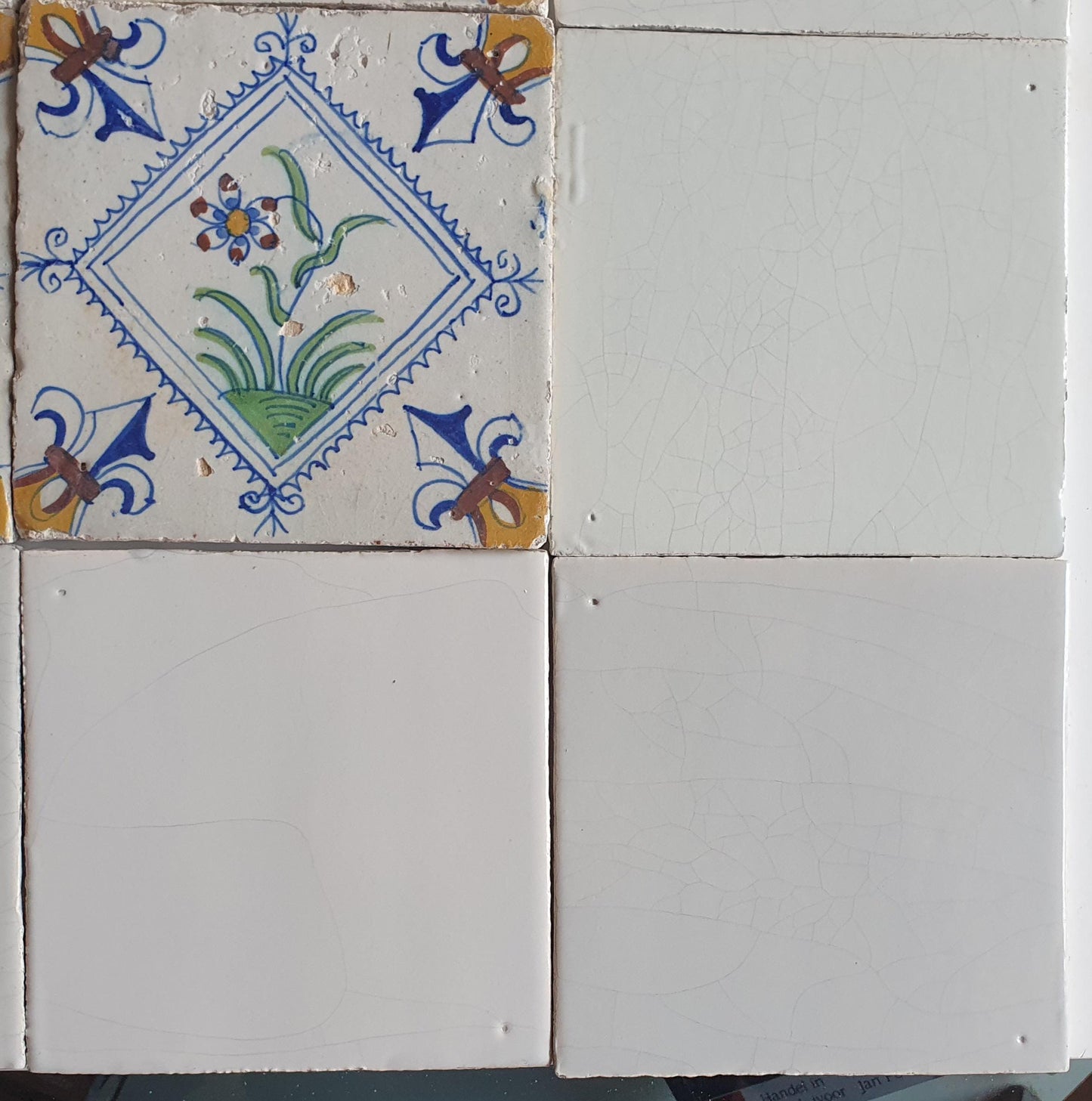 17th Century Delft Tiles, Dutch Polychrome Flower, White Tile Set