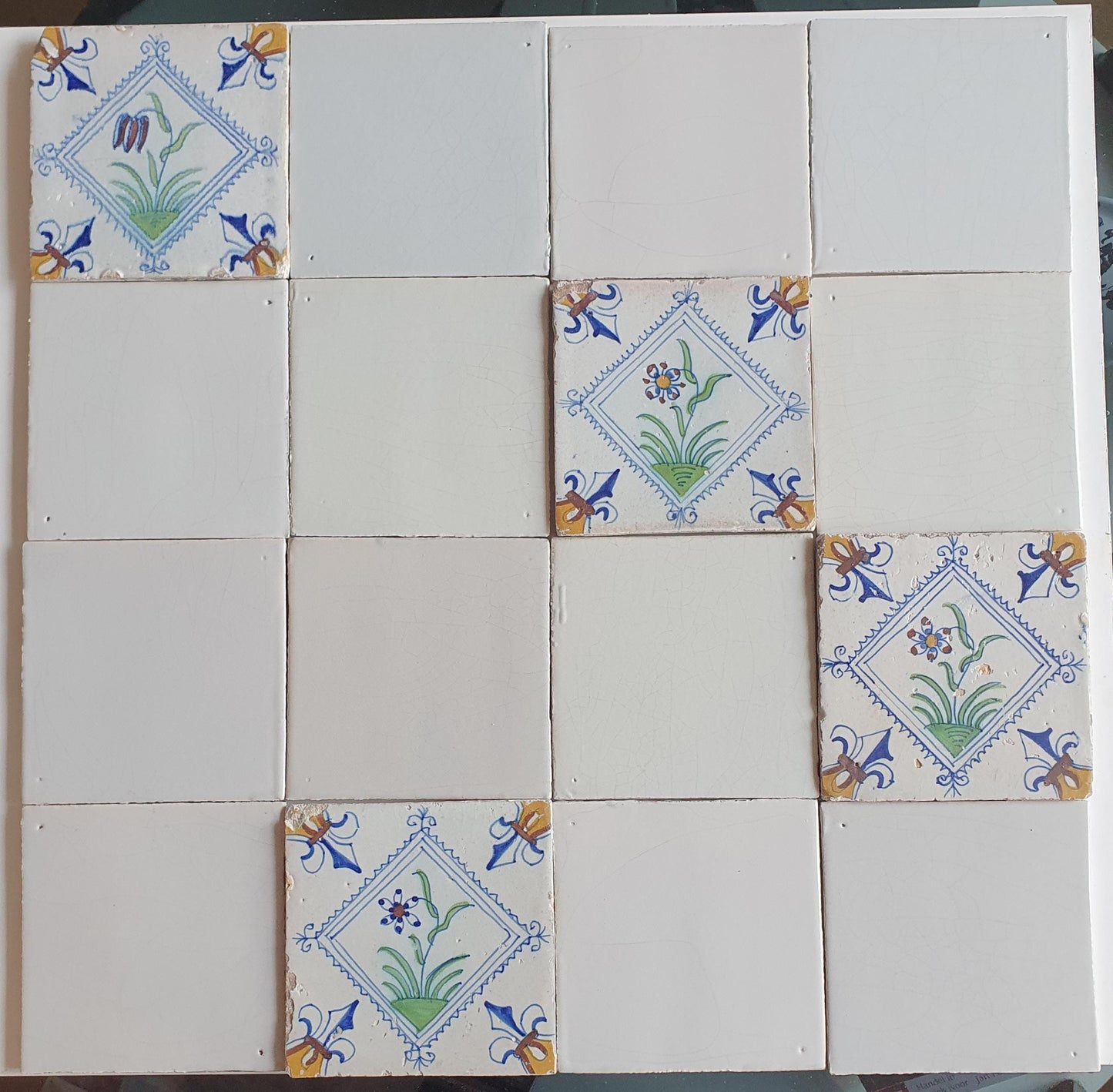 17th Century Delft Tiles, Dutch Polychrome Flower, White Tile Set