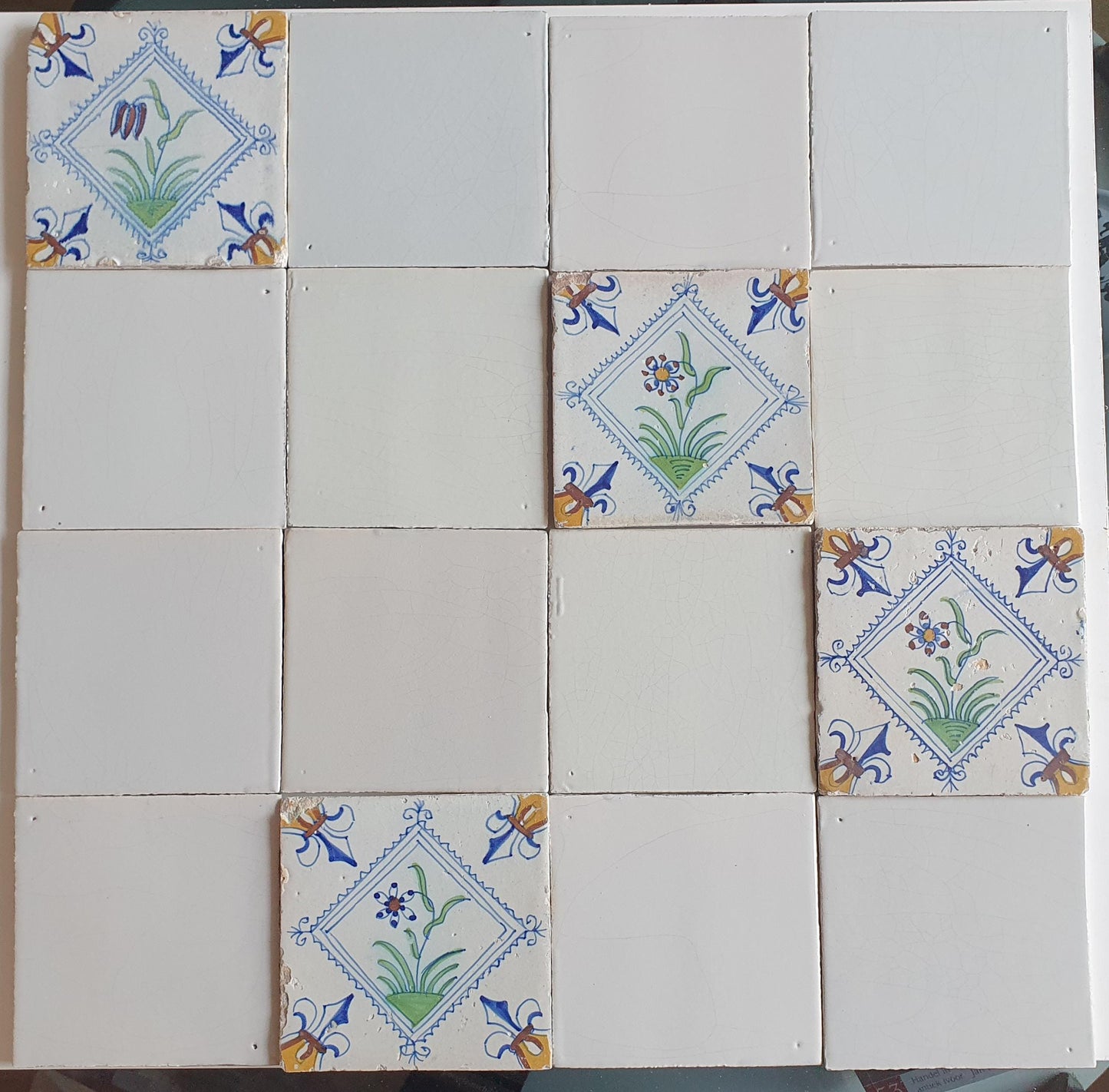 17th Century Delft Tiles, Dutch Polychrome Flower, White Tile Set
