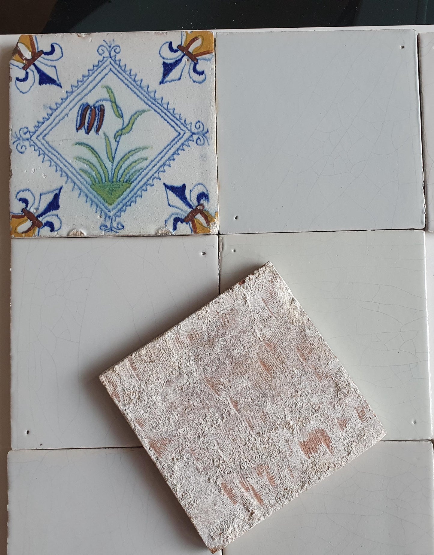 17th Century Delft Tiles, Dutch Polychrome Flower, White Tile Set