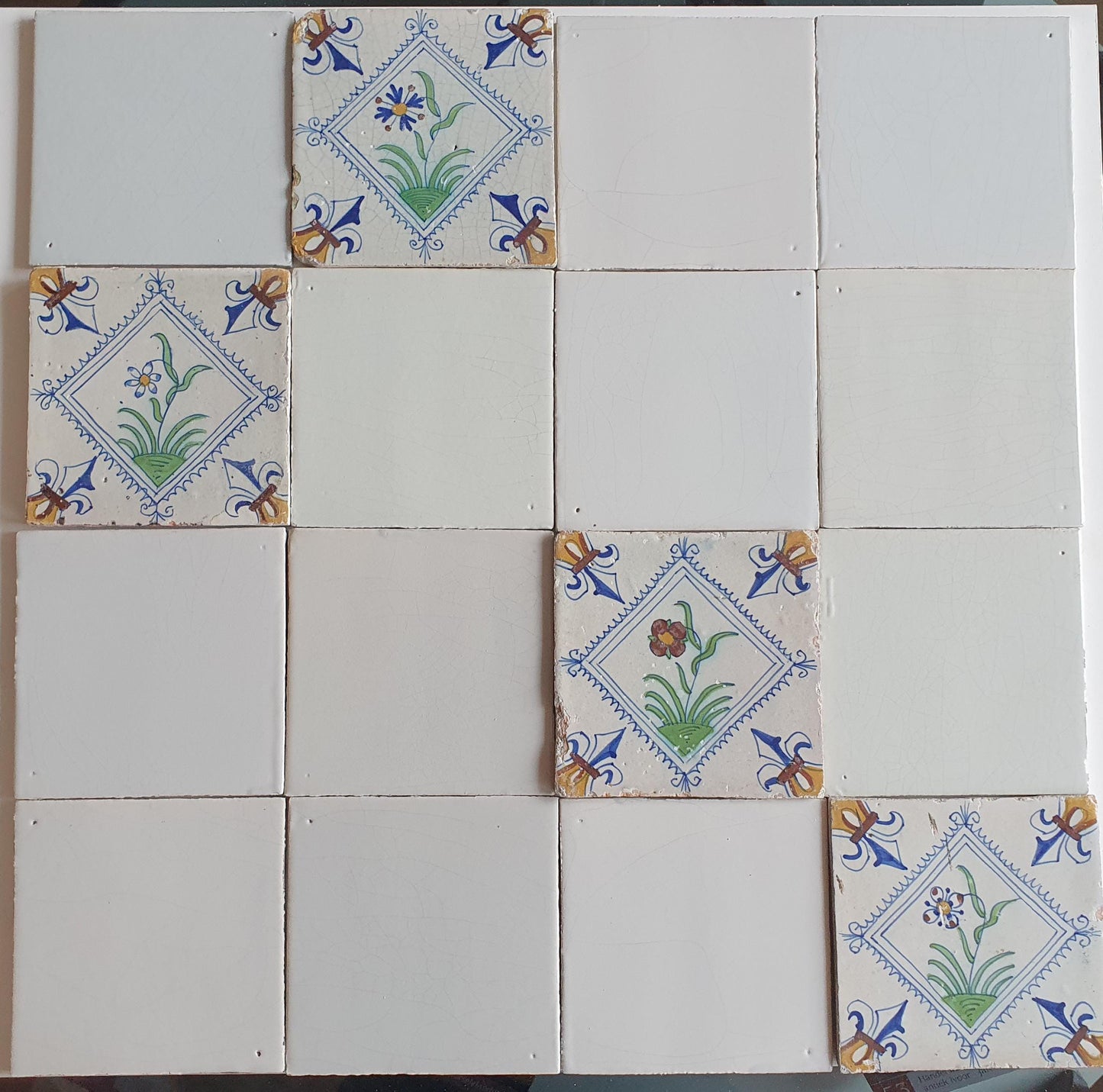 17th Century Delft Tiles, Dutch White Tilefield with Floral (16 pc)
