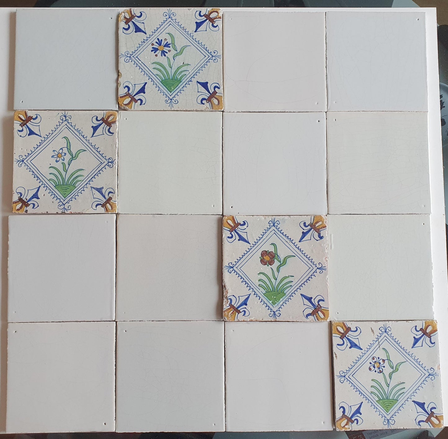 17th Century Delft Tiles, Dutch White Tilefield with Floral (16 pc)