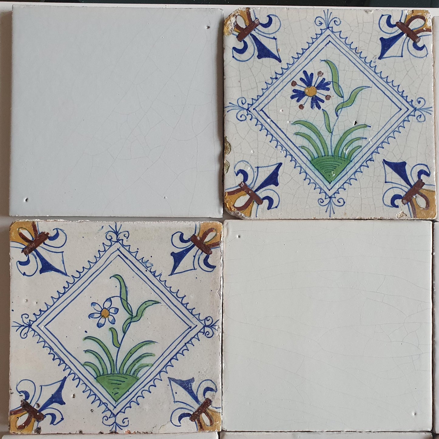 17th Century Delft Tiles, Dutch White Tilefield with Floral (16 pc)