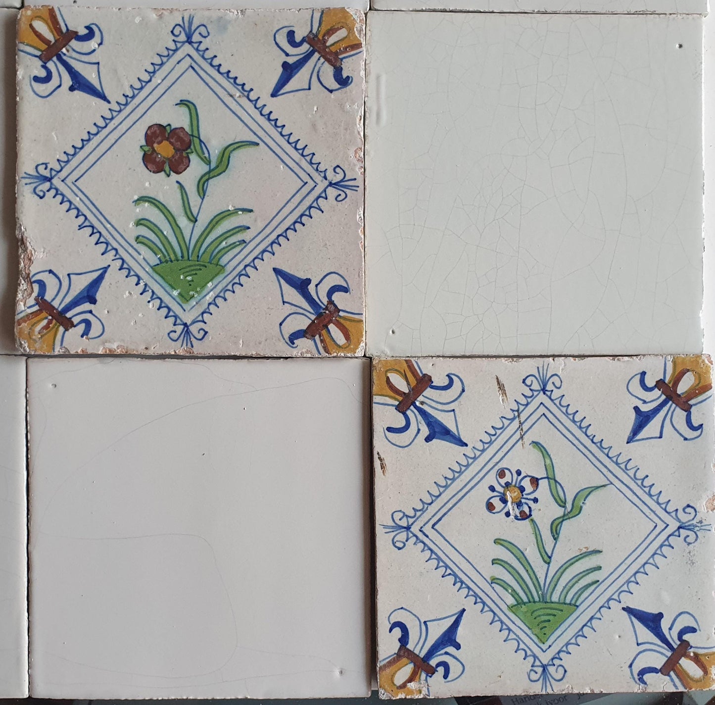 17th Century Delft Tiles, Dutch White Tilefield with Floral (16 pc)