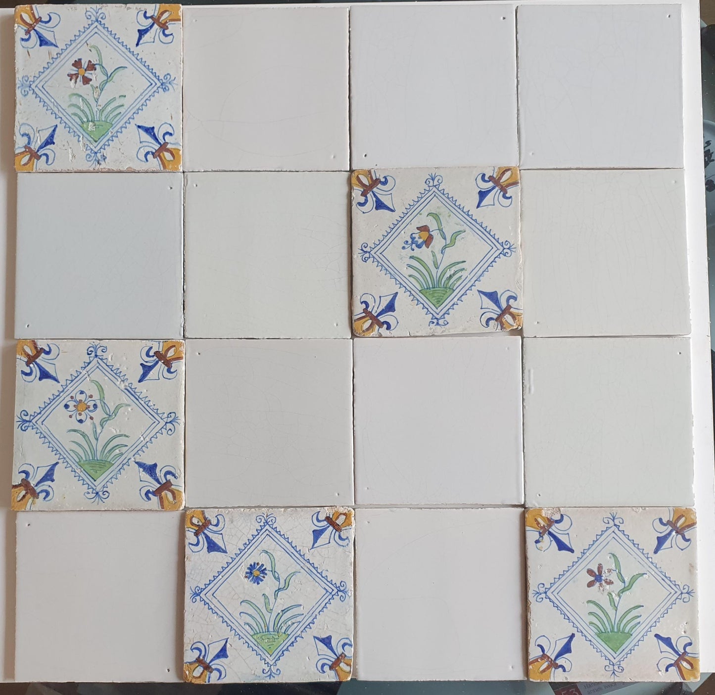 17th Century Delft Tiles: Dutch White & Polychrome Flower, Set of 16
