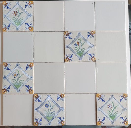 17th Century Delft Tiles: Dutch White & Polychrome Flower, Set of 16