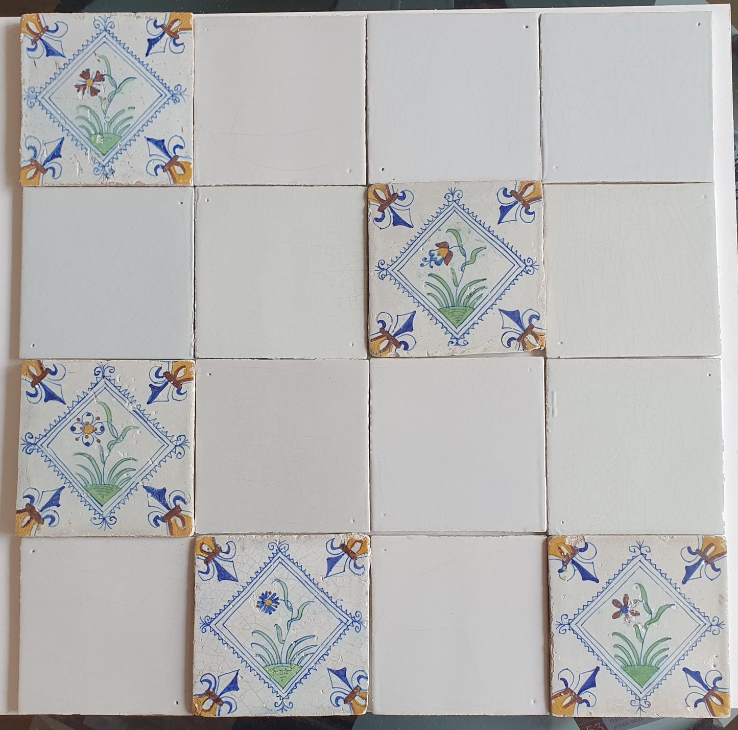 17th Century Delft Tiles: Dutch White & Polychrome Flower, Set of 16