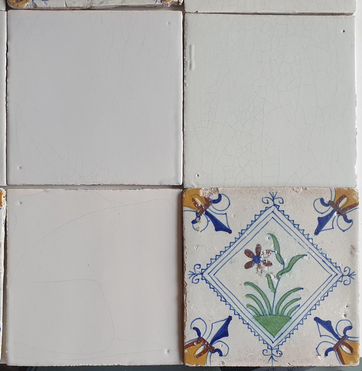 17th Century Delft Tiles: Dutch White & Polychrome Flower, Set of 16
