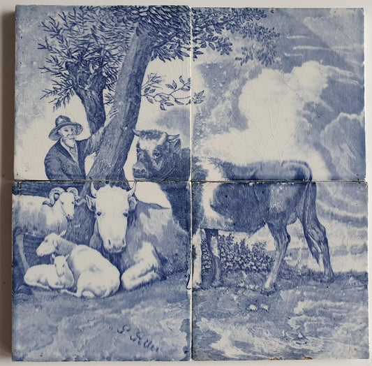 Tableau 20th century antiques, farmer, sheep and cows, 4 tiles