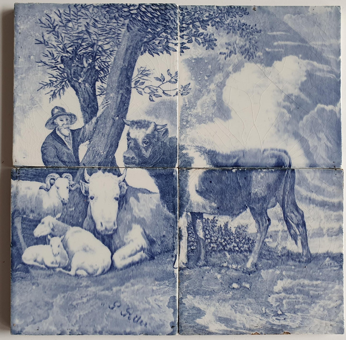 Tableau 20th century antiques, farmer, sheep and cows, 4 tiles