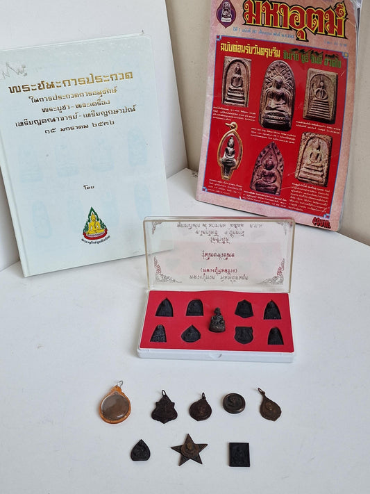 Phra LP Thuad, thai amulet thailand collectable collector holy monk book, magazine and set of amulets Buddhism buddha pendants complete