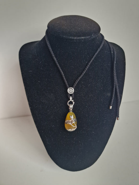 Yellow Jade Koi Waterlily Pendant Necklace, Vintage Adjustable Rope