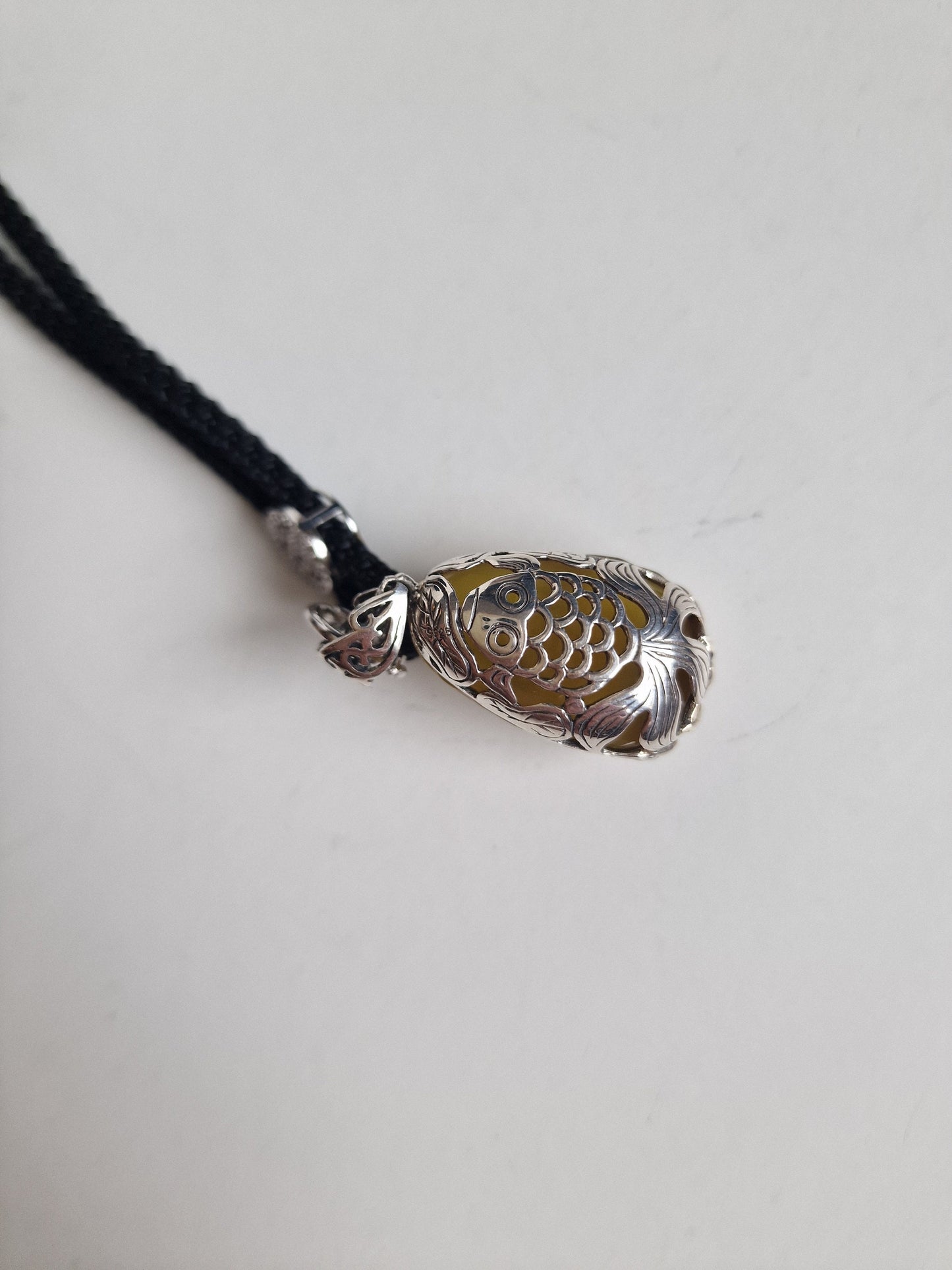 Yellow Jade Koi Waterlily Pendant Necklace, Vintage Adjustable Rope
