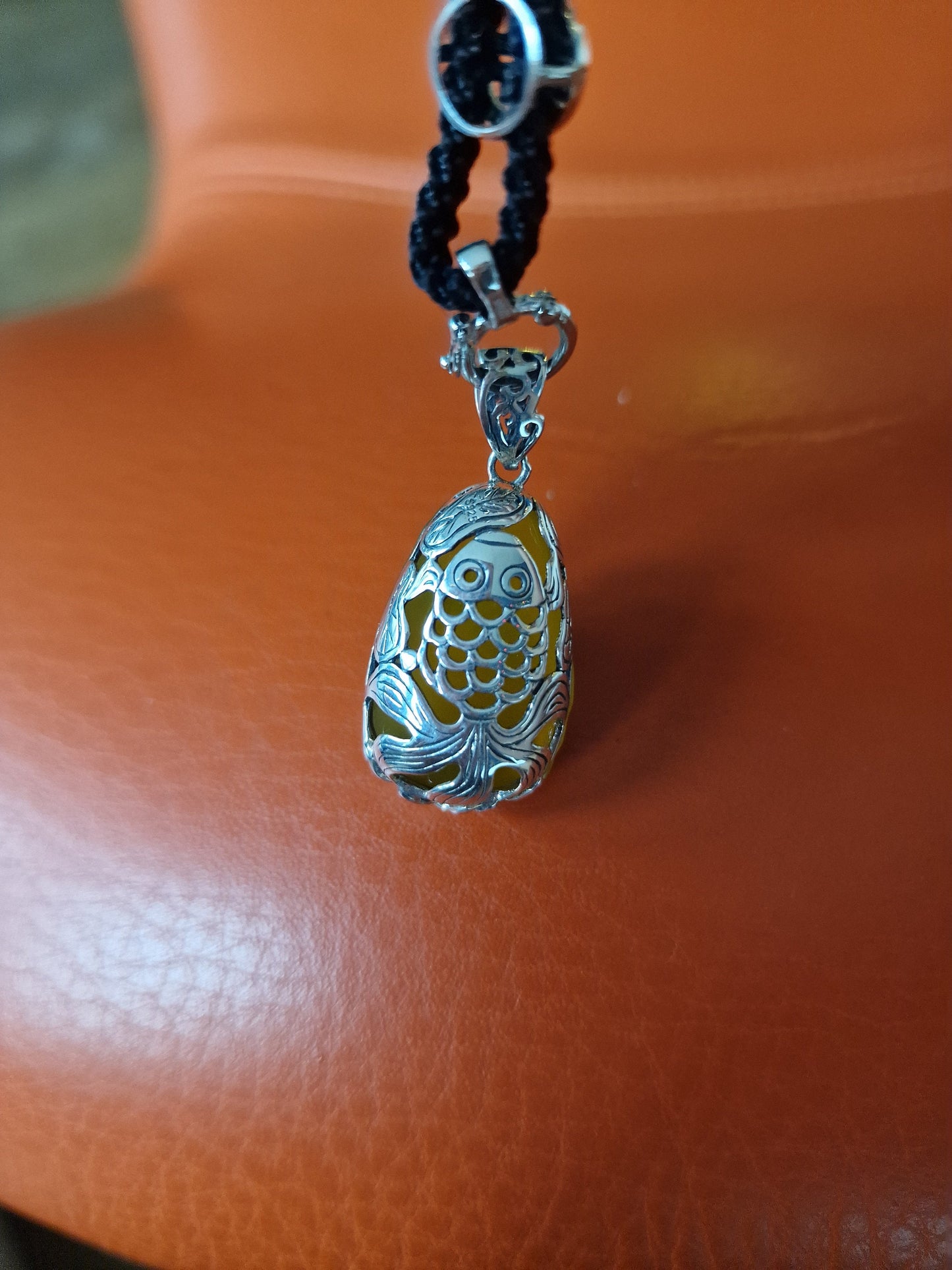 Yellow Jade Koi Waterlily Pendant Necklace, Vintage Adjustable Rope