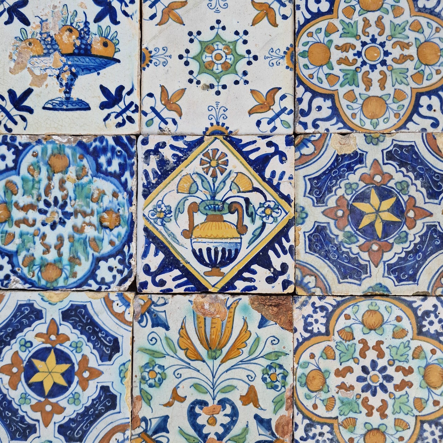 Antique Delft Tiles, 17th Century Dutch, Tilefield Set of 9