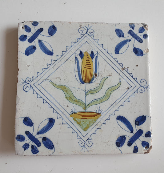 Antique Delft Tile, Tulip Motif, 1640s Dutch Majolica
