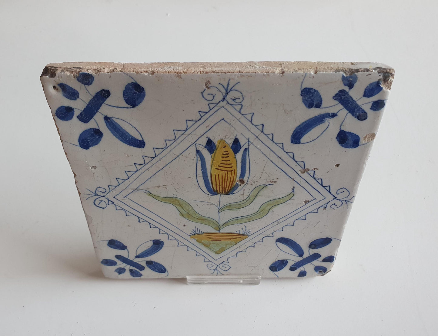 Antique Delft Tile, Tulip Motif, 1640s Dutch Majolica