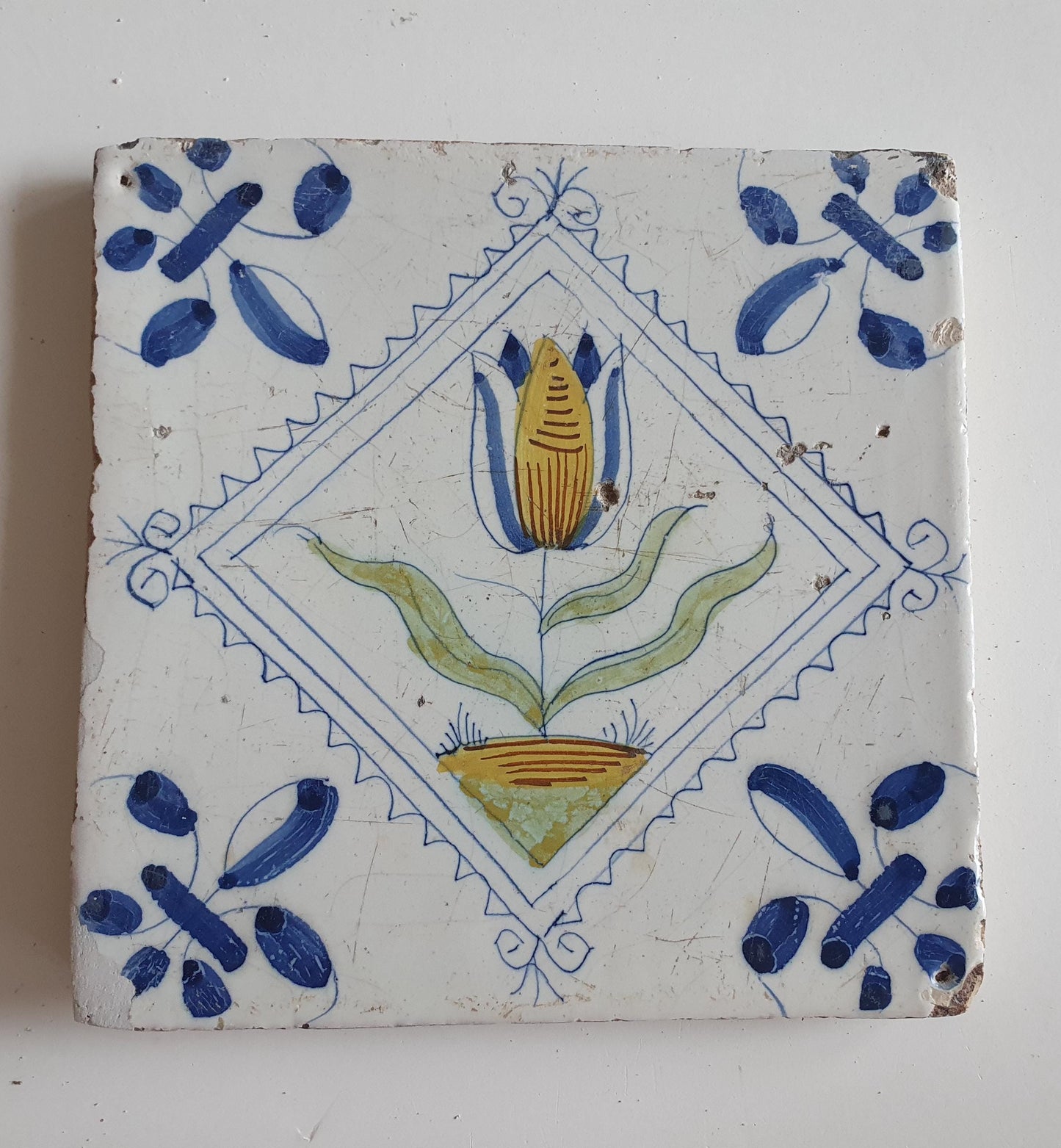 Antique Delft Tile, Tulip Motif, 1640s Dutch Majolica