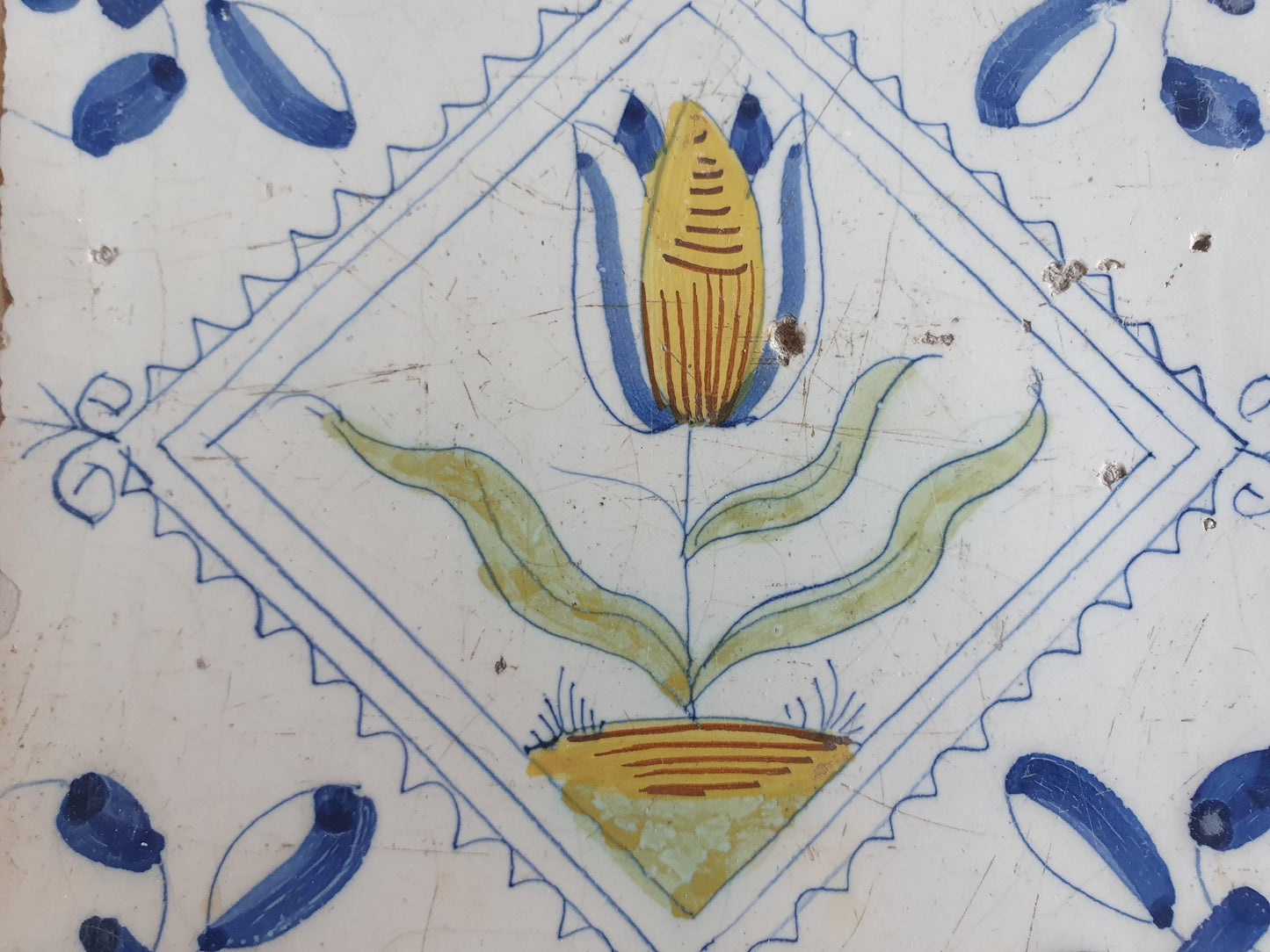 Antique Delft Tile, Tulip Motif, 1640s Dutch Majolica