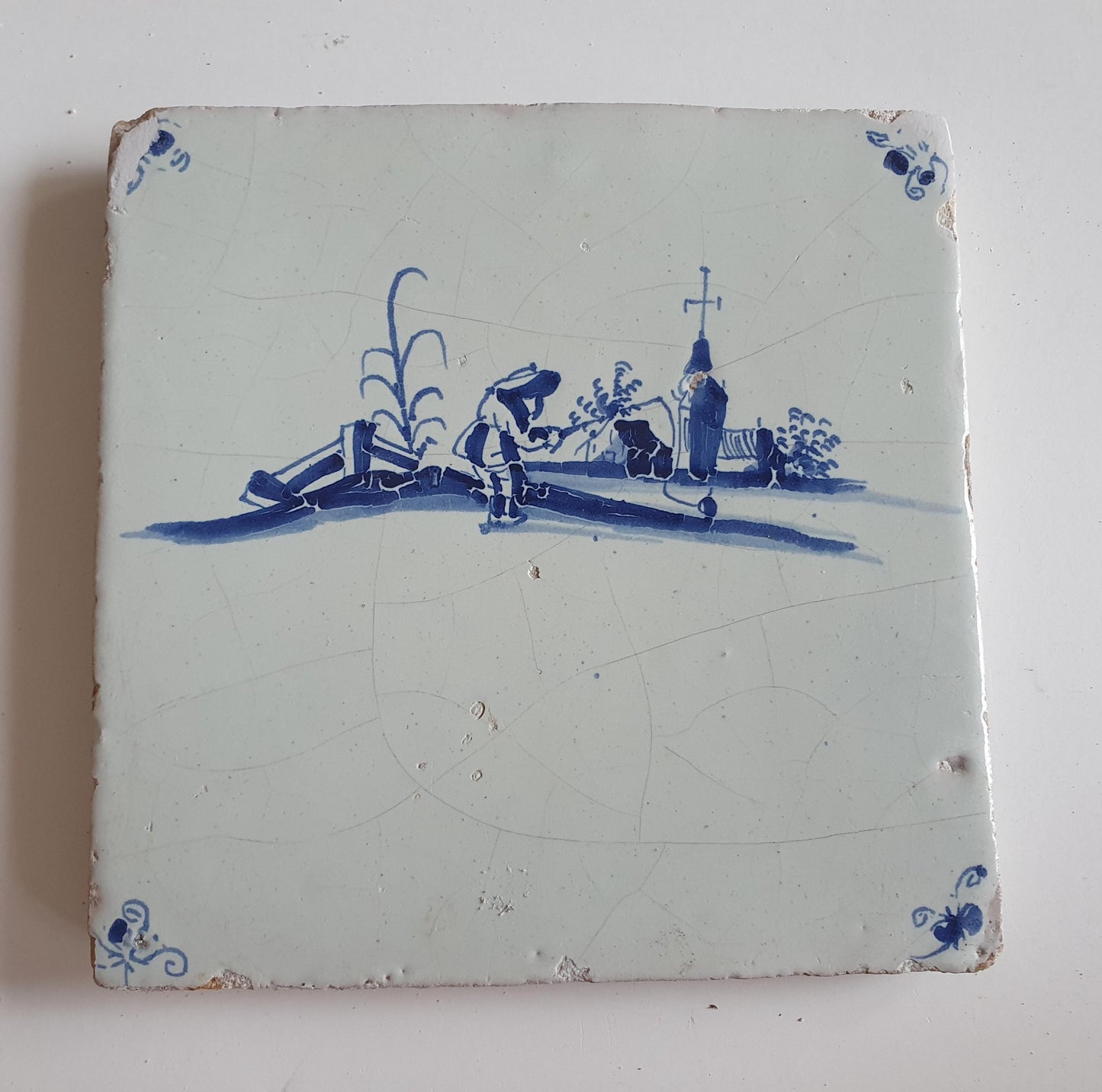 Antique Dutch Tile - fisherman in village scenery  - Dated 1640, rare! - spiderhead corner