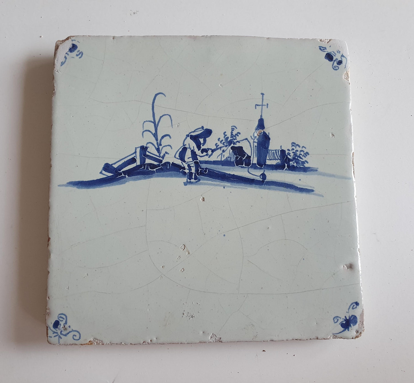 Antique Dutch Tile - fisherman in village scenery  - Dated 1640, rare! - spiderhead corner