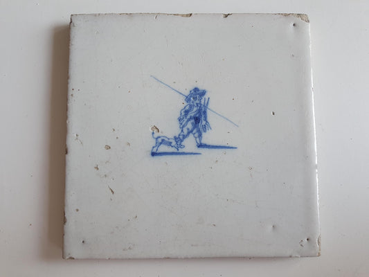 Antique Dutch tile with hunter, dog and hare around 1700 hunting scene