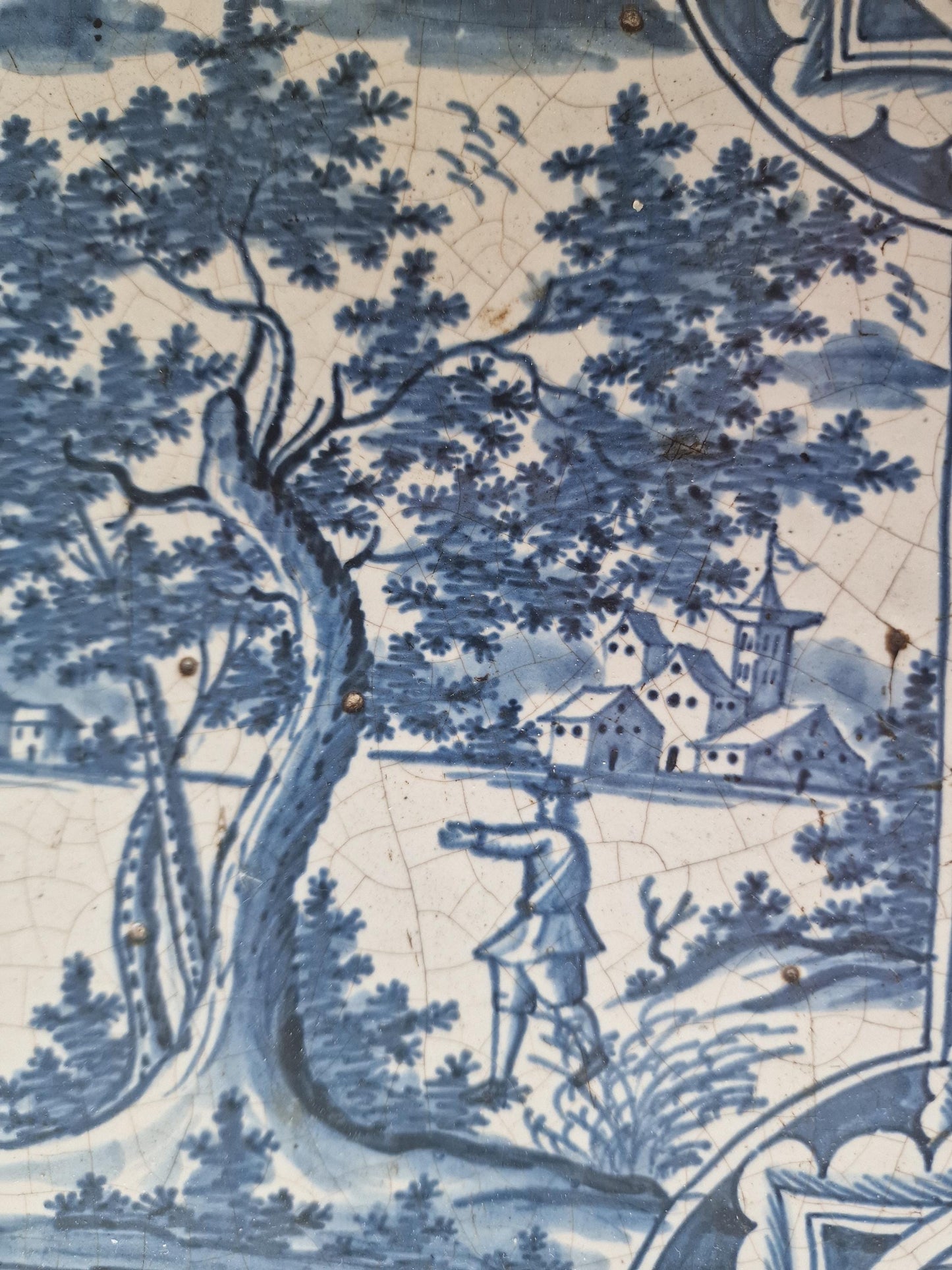 Antique Faience Tile Plaque, 18th Century German Stovetile, Park Scene