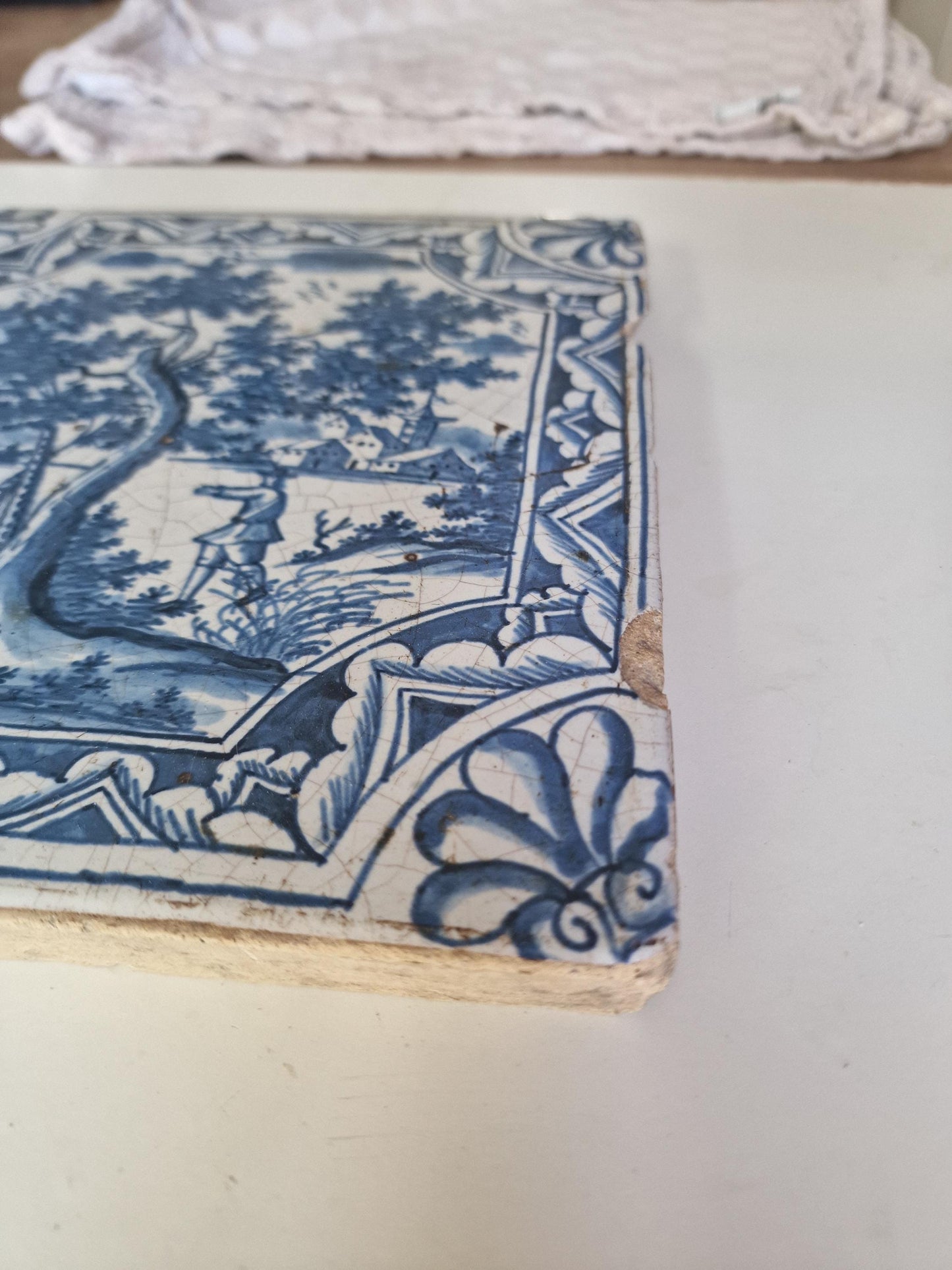 Antique Faience Tile Plaque, 18th Century German Stovetile, Park Scene
