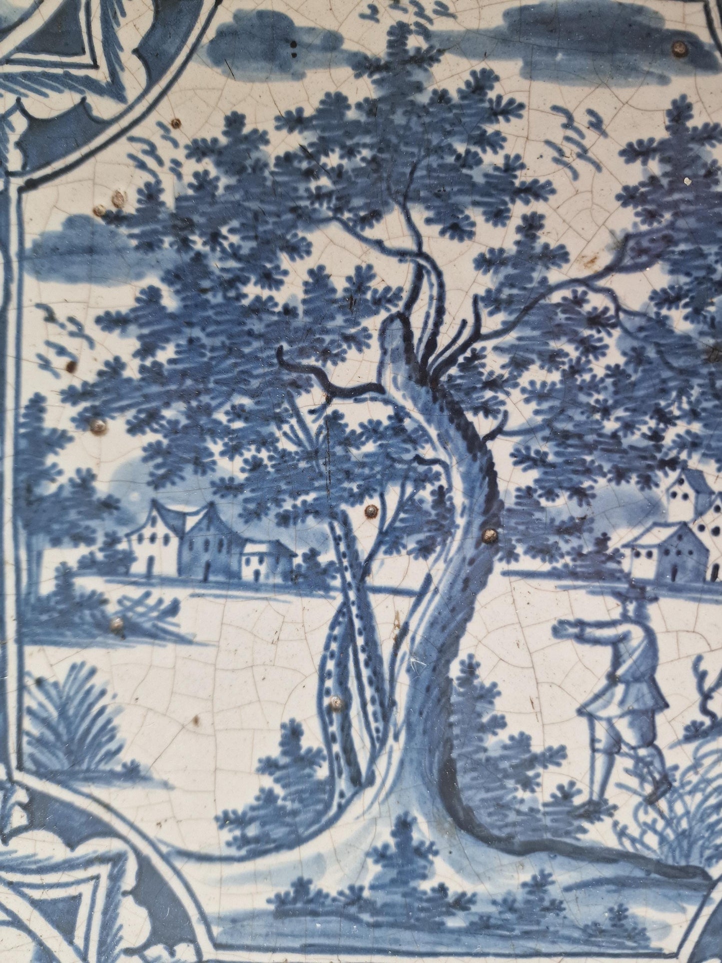 Antique Faience Tile Plaque, 18th Century German Stovetile, Park Scene
