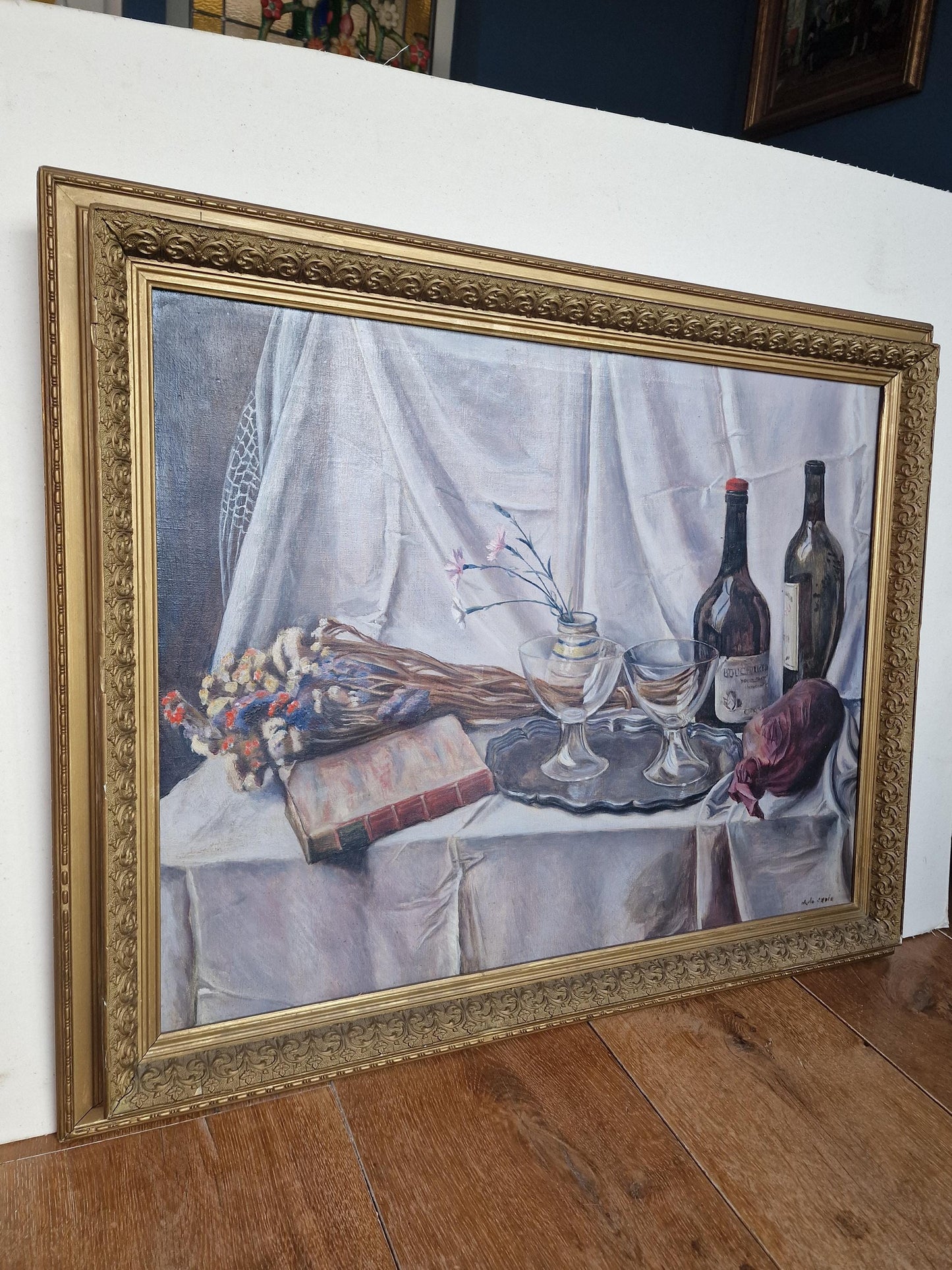 XL Framed Still Life Oil Painting on Canvas, Signed Dutch Art