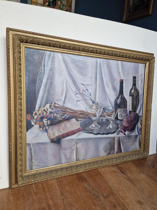 XL Framed Still Life Oil Painting on Canvas, Signed Dutch Art