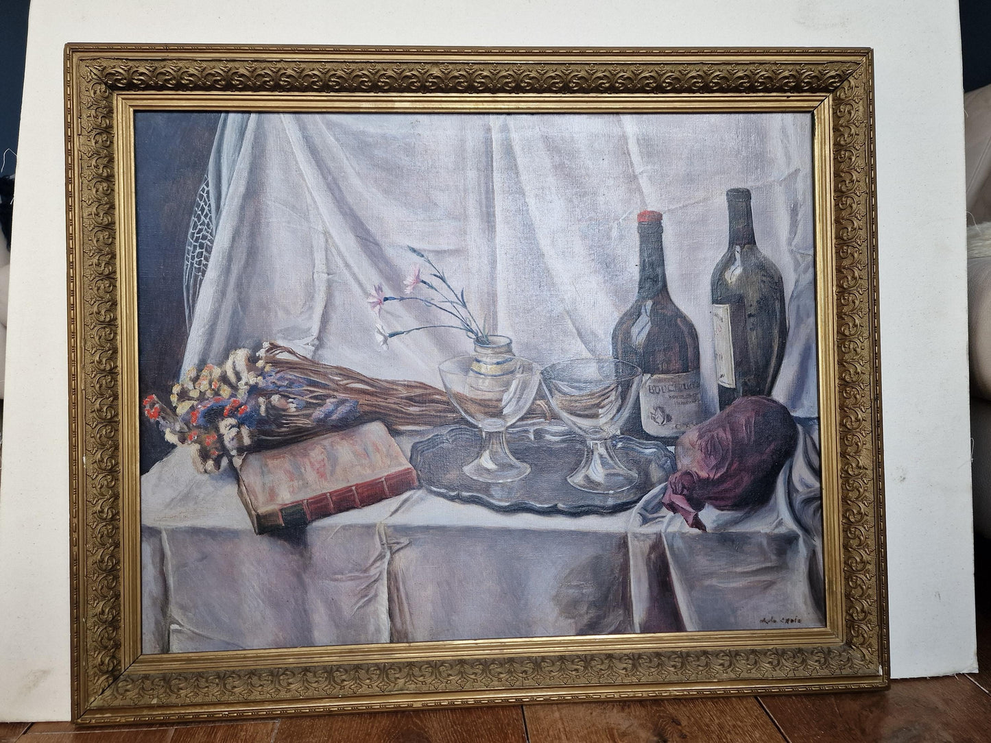 XL Framed Still Life Oil Painting on Canvas, Signed Dutch Art