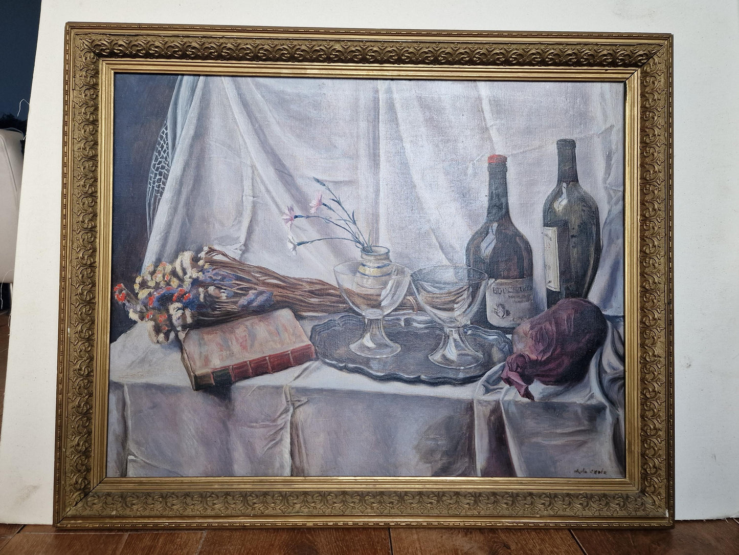 XL Framed Still Life Oil Painting on Canvas, Signed Dutch Art