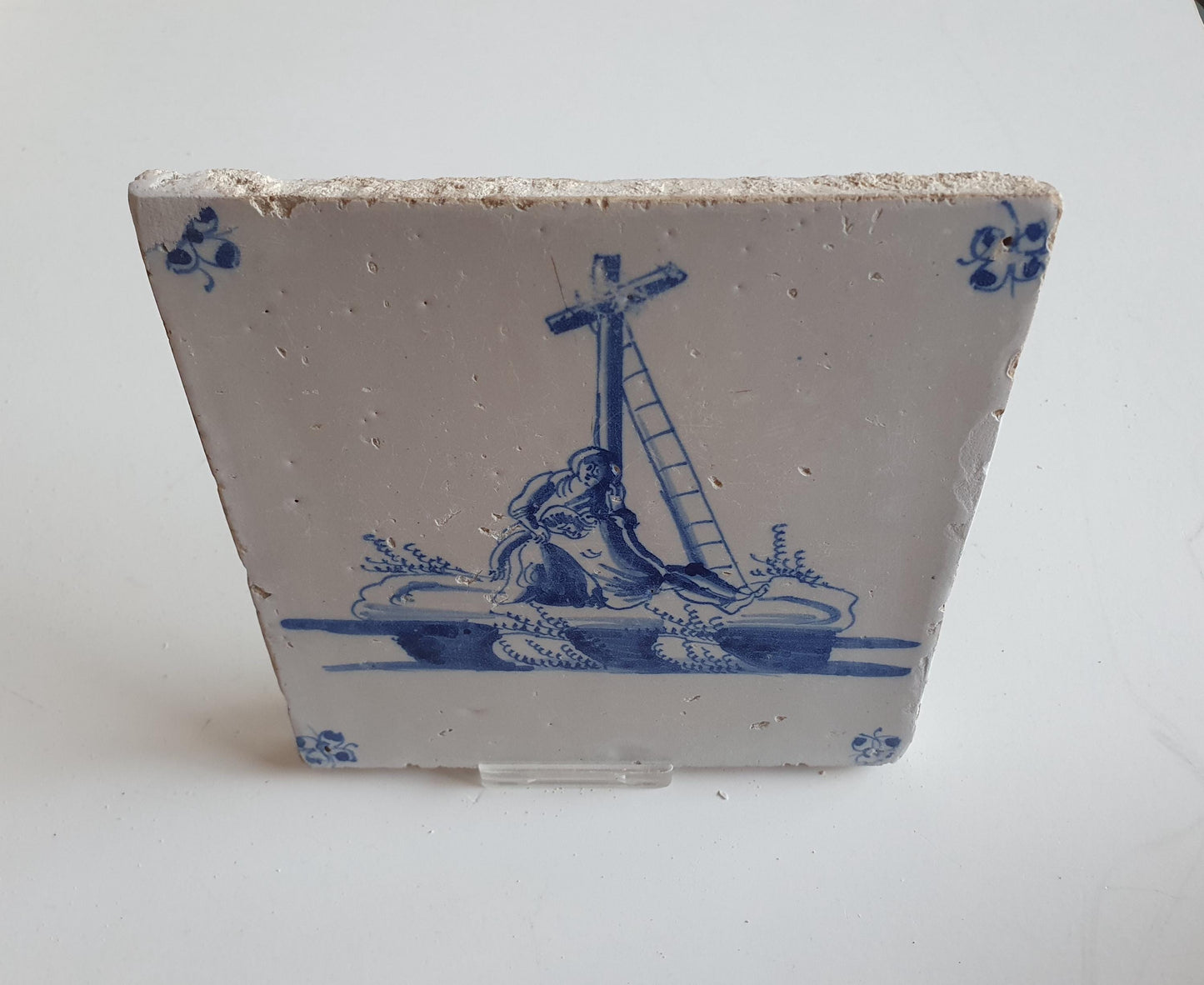 Antieke tegel met Bijbelse voorstelling   in spinnekophoek, antique dutch delft blue tile bible 17th