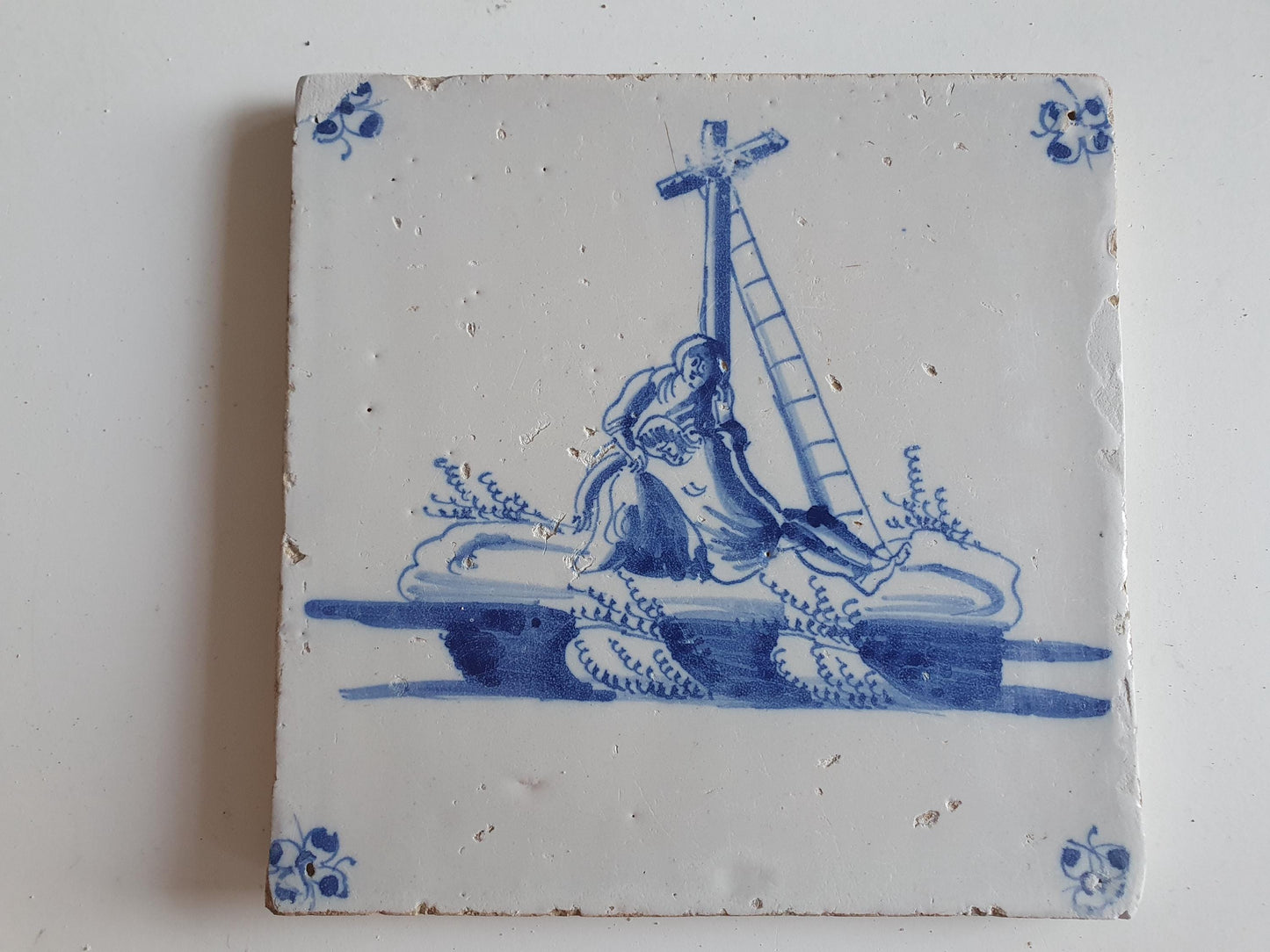 Antieke tegel met Bijbelse voorstelling   in spinnekophoek, antique dutch delft blue tile bible 17th