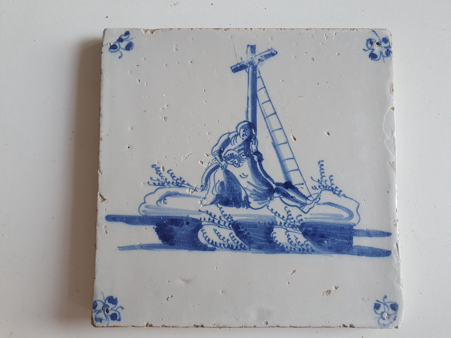 Antieke tegel met Bijbelse voorstelling   in spinnekophoek, antique dutch delft blue tile bible 17th