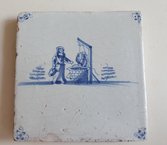 Antieke tegel met Bijbelse voorstelling   in spinnekophoek, antique dutch delft blue tile bible 17th