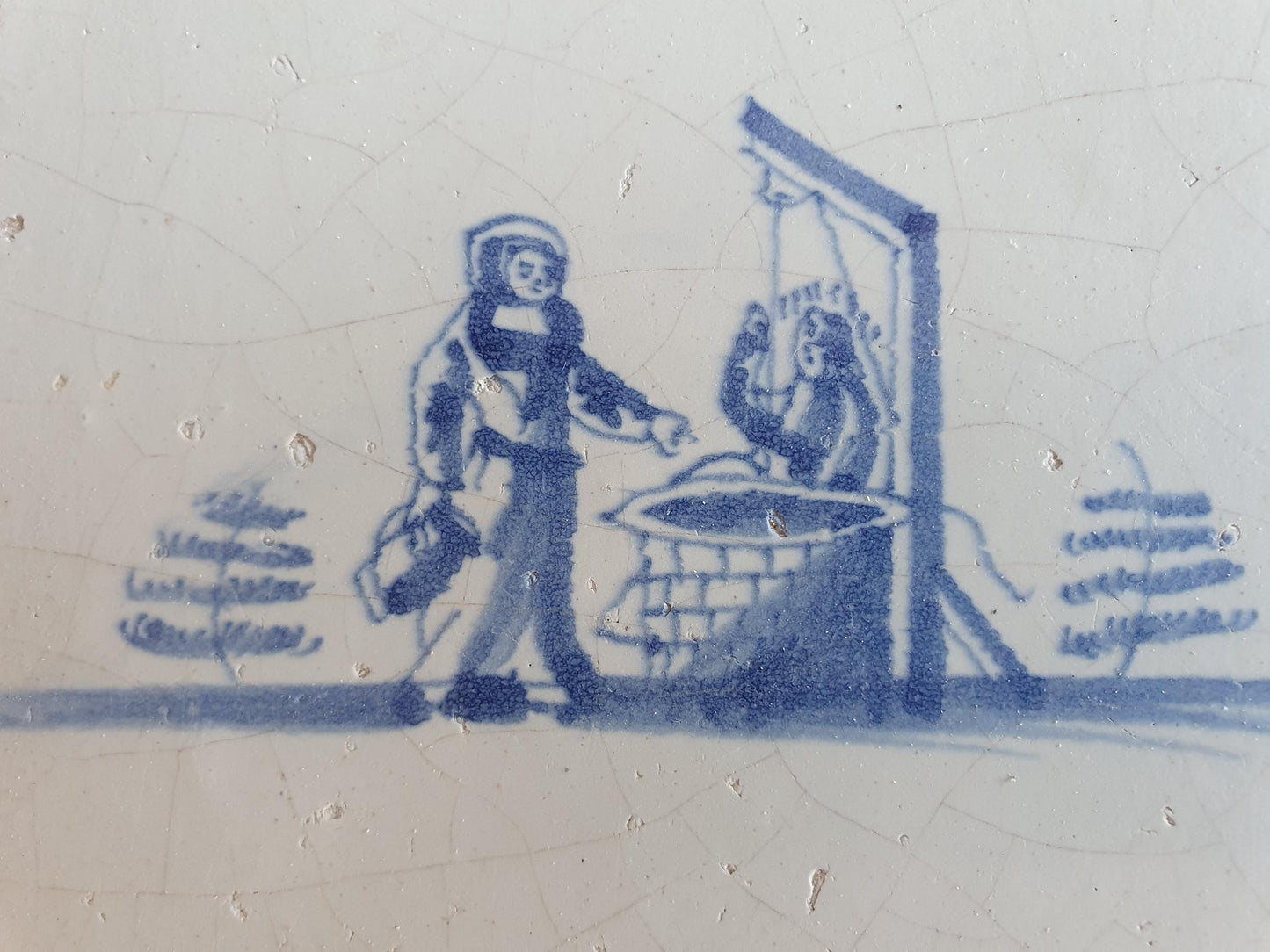 Antieke tegel met Bijbelse voorstelling   in spinnekophoek, antique dutch delft blue tile bible 17th