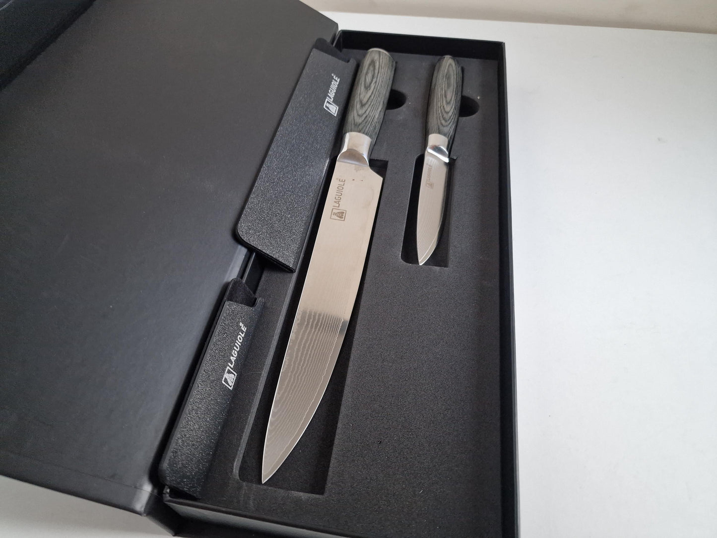 Damascus Steel Chef Knife Set, Pakkawood Handle, Leather Sheath