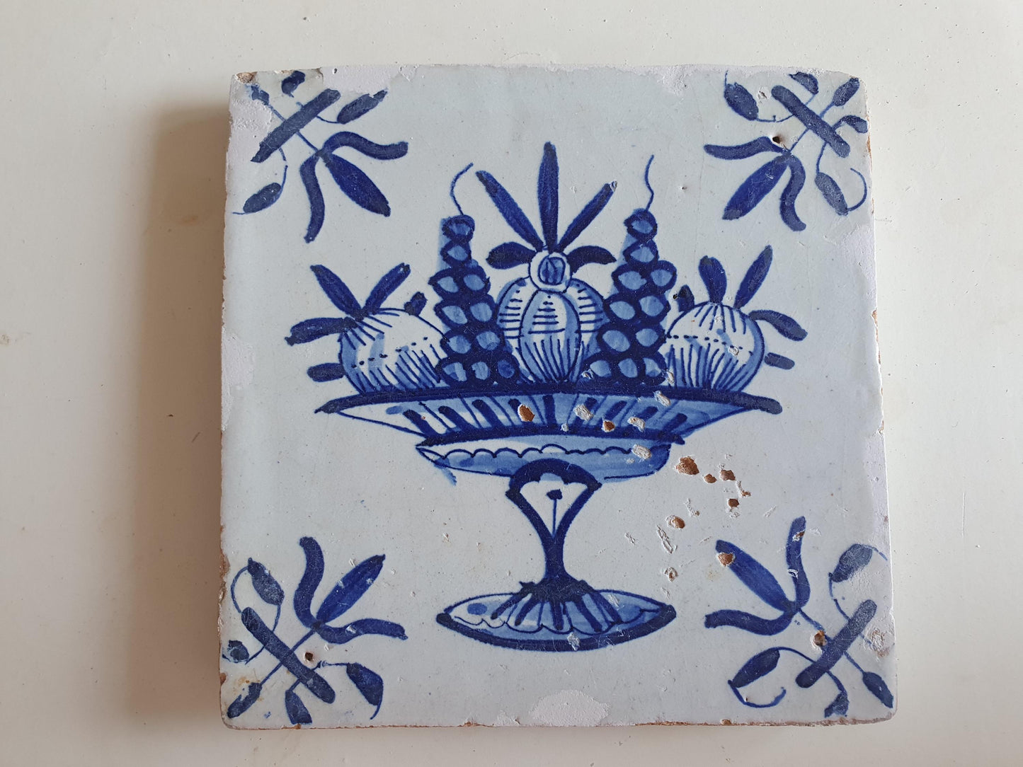 Antique Delft Blue Tile, Fruit Basket, Dutch Tile, c1600-1625