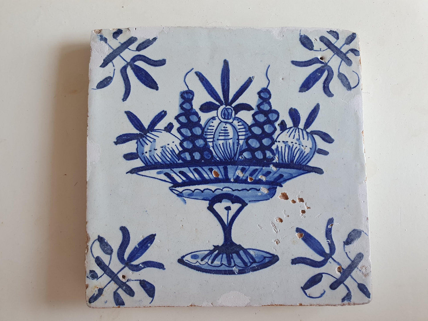 Antique Delft Blue Tile, Fruit Basket, Dutch Tile, c1600-1625