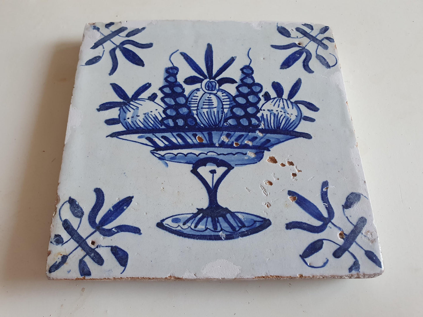 Antique Delft Blue Tile, Fruit Basket, Dutch Tile, c1600-1625