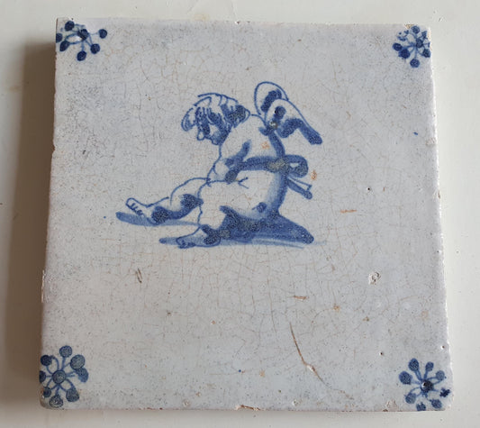 Antique Dutch Tile -  angel   - Dated 1640, spiderhead corner, delft blue , holland 17th century