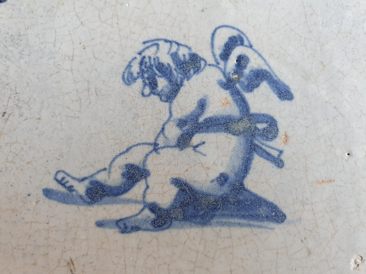 Antique Dutch Tile -  angel   - Dated 1640, spiderhead corner, delft blue , holland 17th century