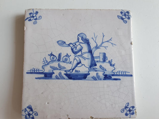17th Century Dutch Delft Tile, Flute Player, Holland