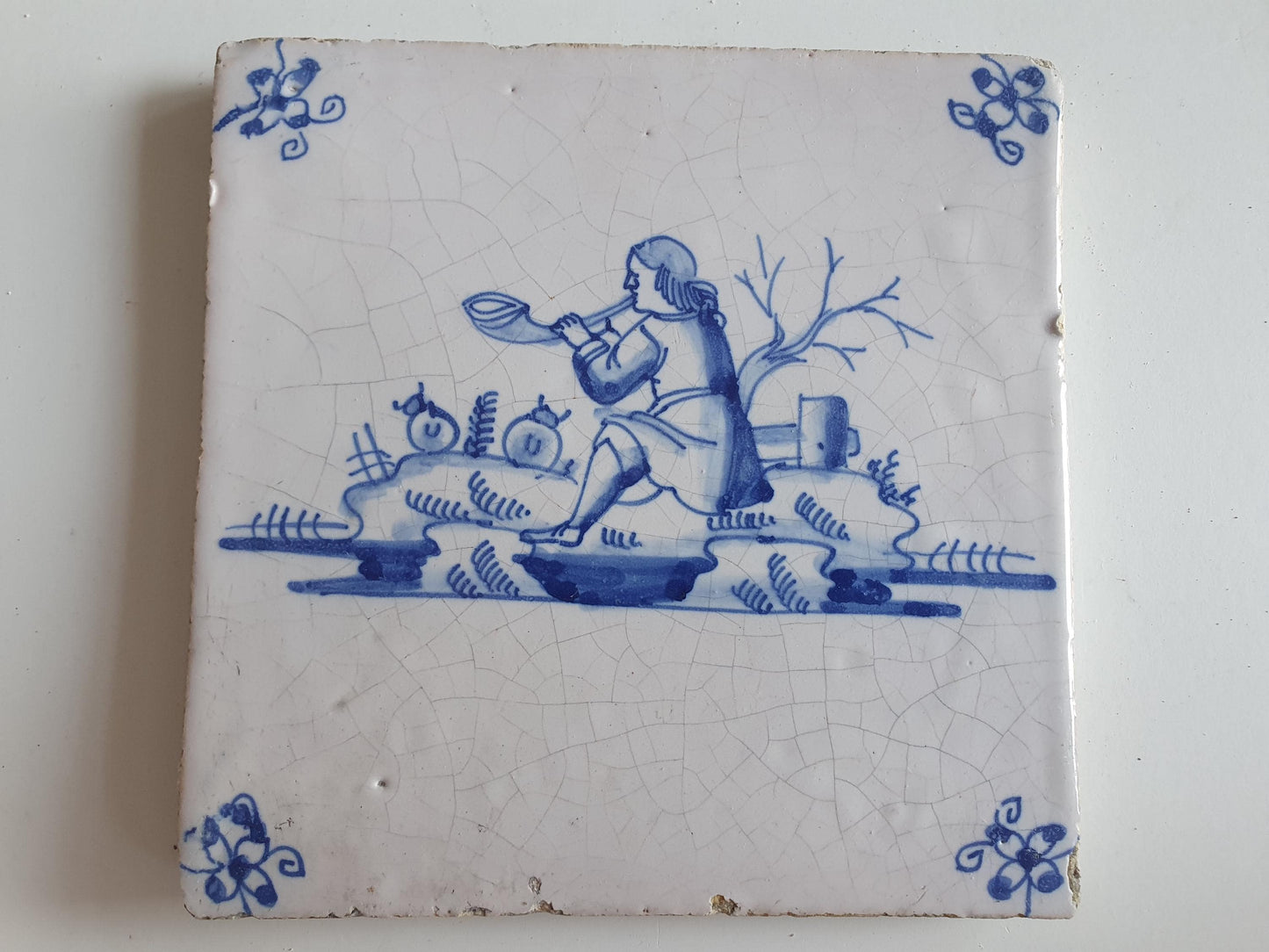 17th Century Dutch Delft Tile, Flute Player, Holland