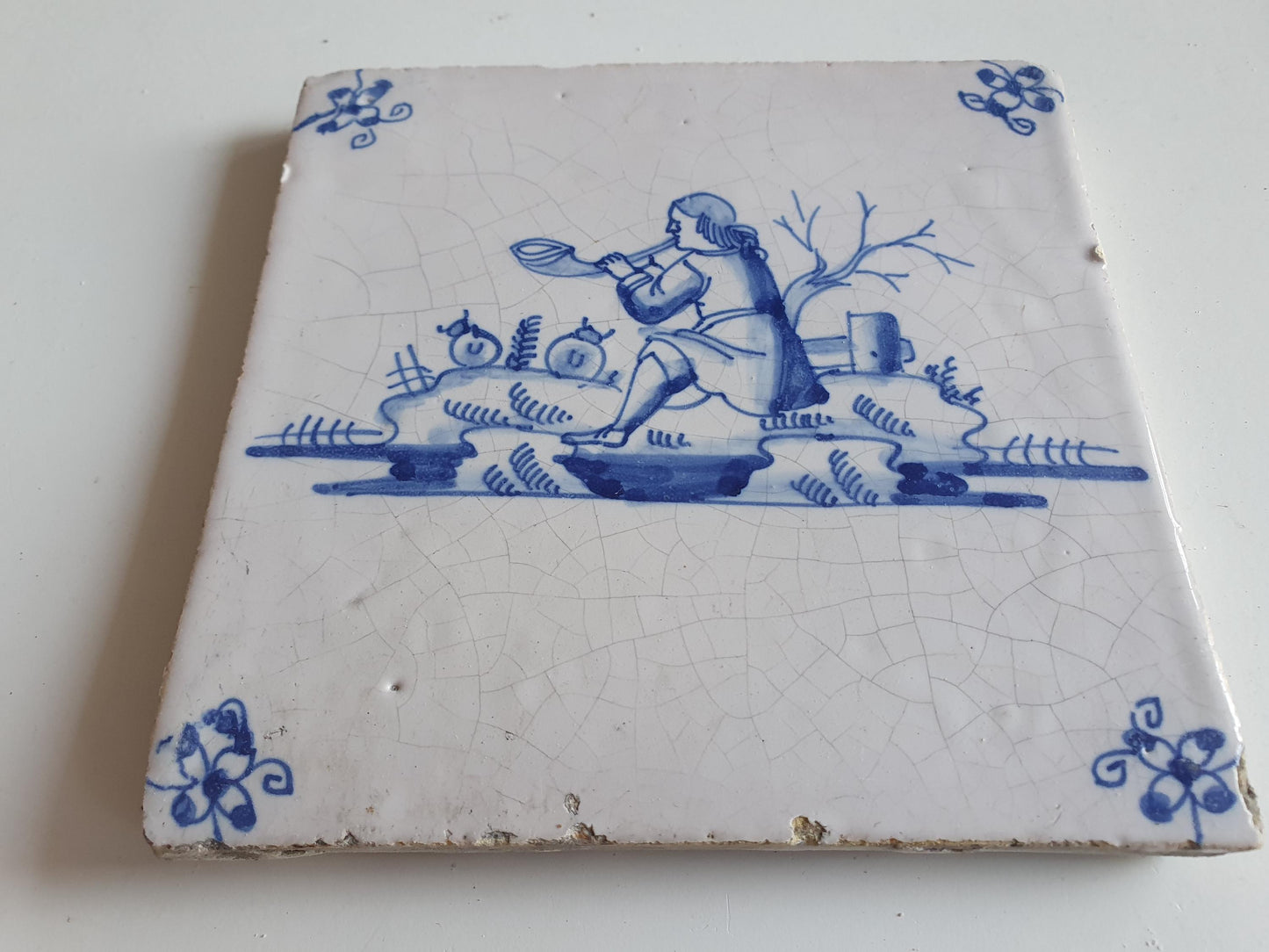17th Century Dutch Delft Tile, Flute Player, Holland
