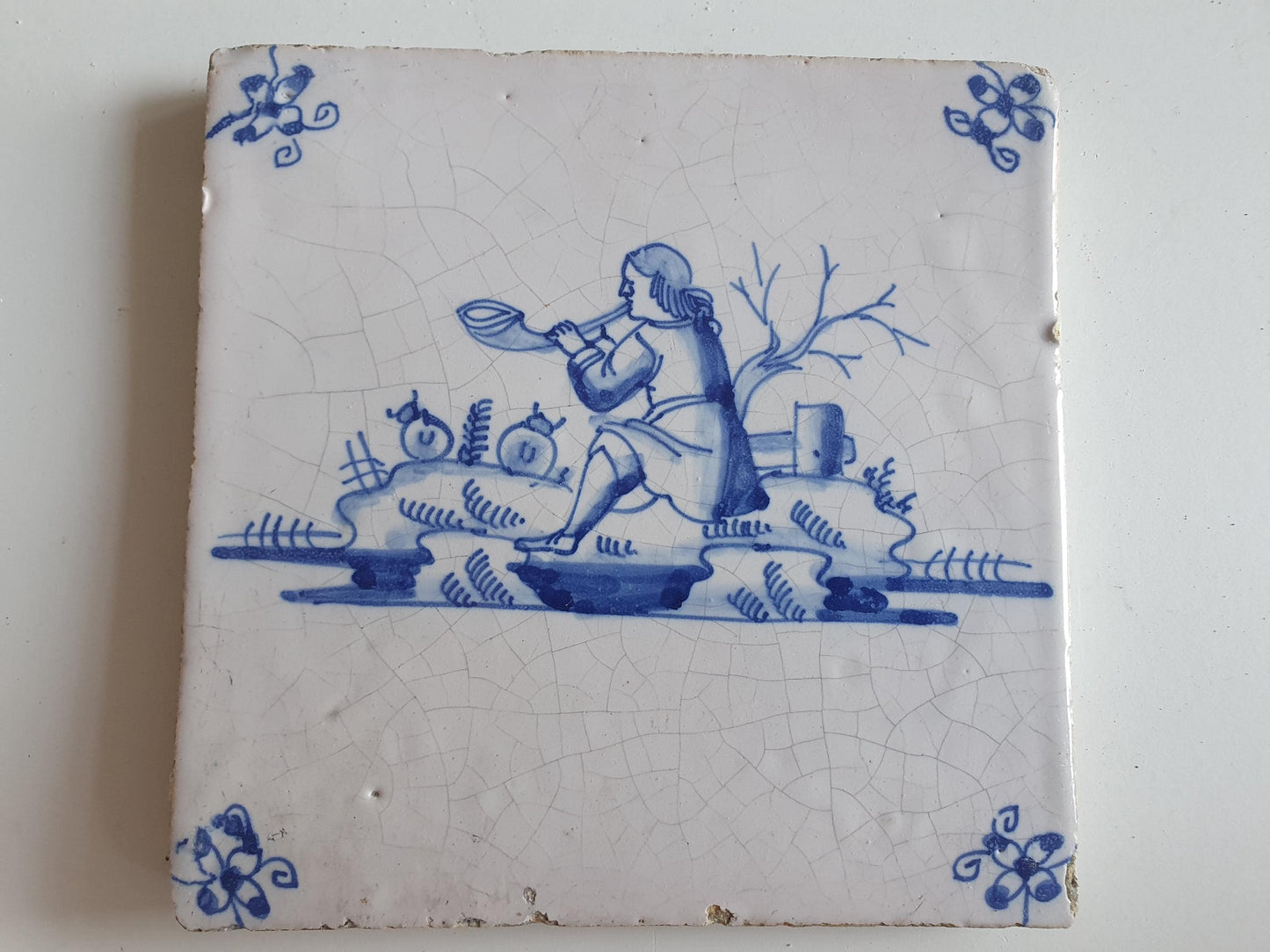 17th Century Dutch Delft Tile, Flute Player, Holland