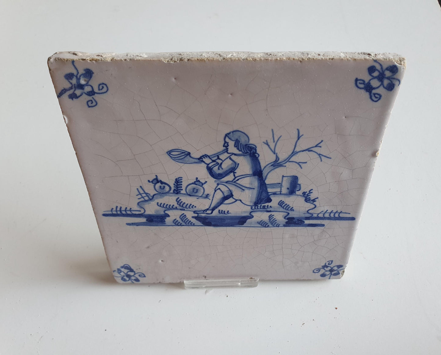 17th Century Dutch Delft Tile, Flute Player, Holland