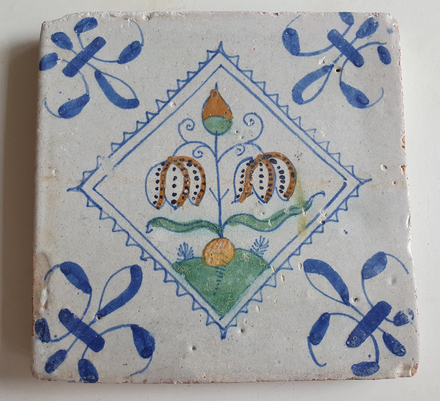 Antique Dutch Tile, Kivitsbloem Tulip, 1640 Polychrome Majolica